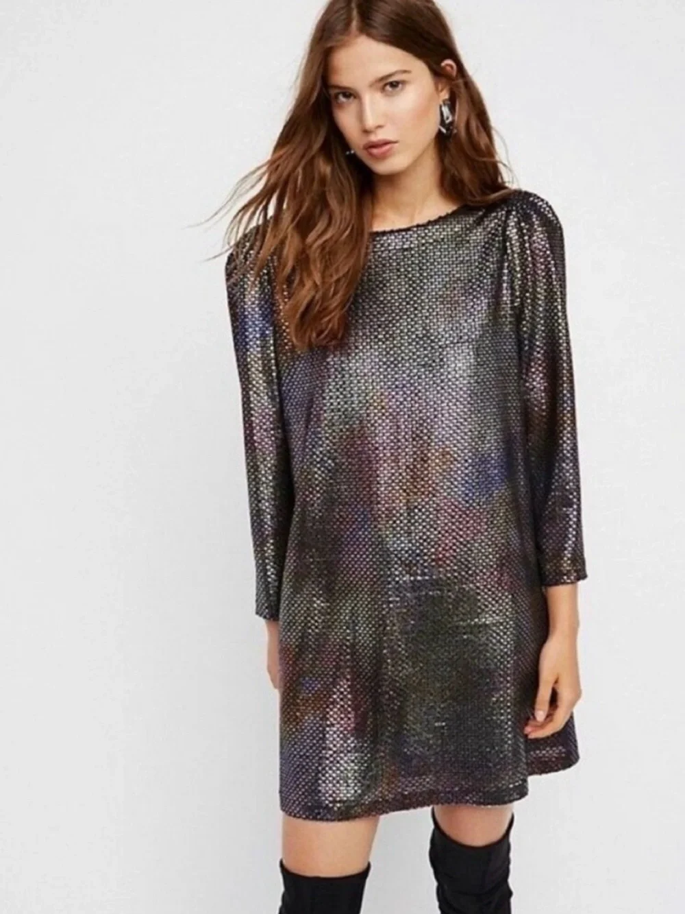 Free People Iridescent Sequin Long Sleeve Shift Dress